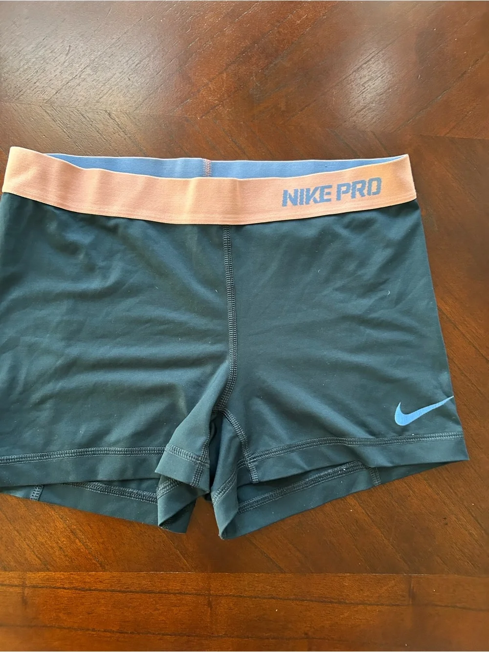 Nike Pro Black Bike Shorts with Pink Waistband and Blue Swooshsize M
